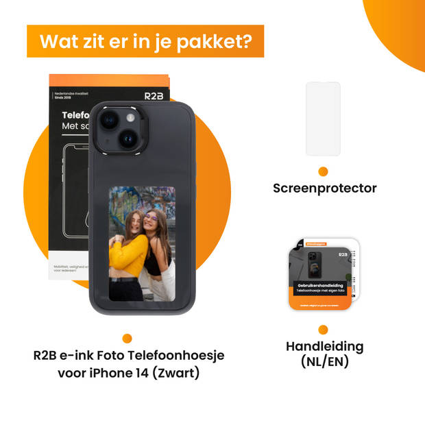 R2B Foto Hoesje geschikt voor iPhone 14 - Incl. Screenprotector - E-ink Telefoonhoesje met eigen foto incl. App - Zwart