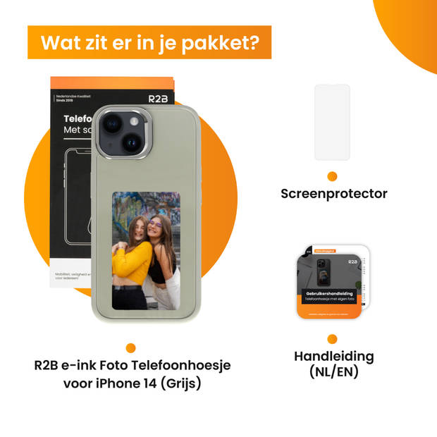 R2B Foto Hoesje geschikt voor iPhone 14 - Incl. Screenprotector - E-ink Telefoonhoesje met eigen foto incl. App - Grijs