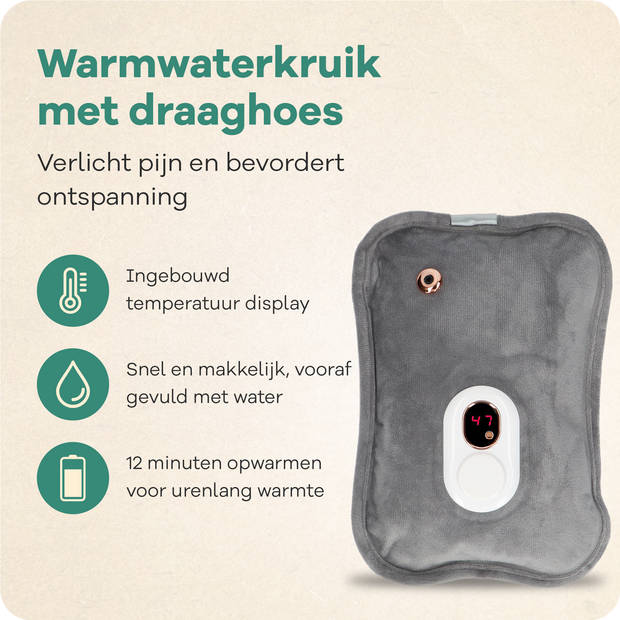 Zenwave Elektrische Kruik met Hoes - Digitaal Display - Warmtekruik & Waterkruik Baby - Oplaadbare Warmtekussen Grijs