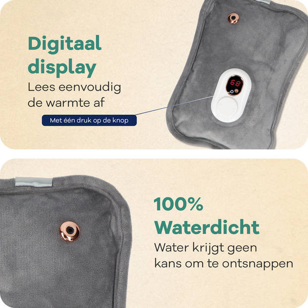 Zenwave Elektrische Kruik met Hoes - Digitaal Display - Warmtekruik & Waterkruik Baby - Oplaadbare Warmtekussen Grijs