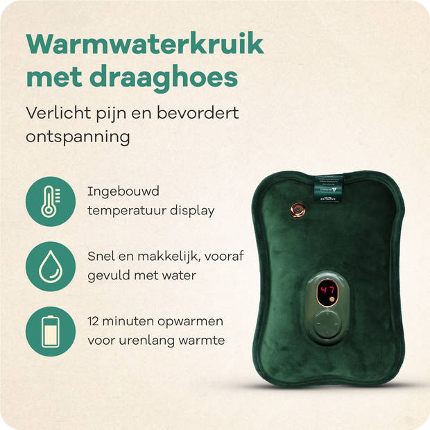 Zenwave Elektrische Kruik met Hoes - Digitaal Display - Warmtekruik & Waterkruik Baby - Oplaadbare Warmtekussen Groen