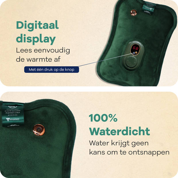 Zenwave Elektrische Kruik met Hoes - Digitaal Display - Warmtekruik & Waterkruik Baby - Oplaadbare Warmtekussen Groen