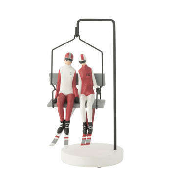 J-line - Skilift Ski Couple Resine Rood/wit - 19x17.5x34cm