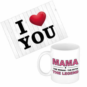 Mama jarig/Moederdag cadeau drink mok/beker + Love you wenskaart - feest mokken