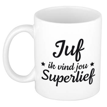 Juf ik vind jou super lief cadeau mok / beker wit 300 ml - Cadeau mokken - feest mokken