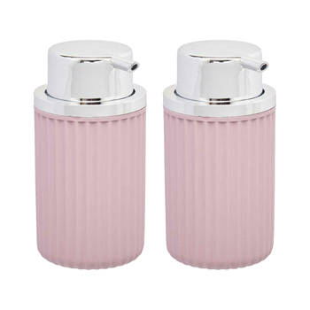 Berilo zeeppompje/dispenser Roma - 2x - roze/zilver - kunststof - 8 x 15 cm - 420 ml - Zeeppompjes