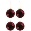 J-line - Doos Van 4 Kerstballen Bloemen Fluweel Glas Burgundy Large - 12x12x12cm