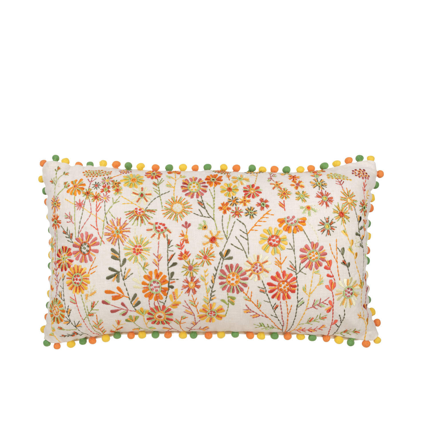 J-line - Kussen Rechthoek Bloemen+pompoms Katoen Wit/oranje - 65x35x15cm