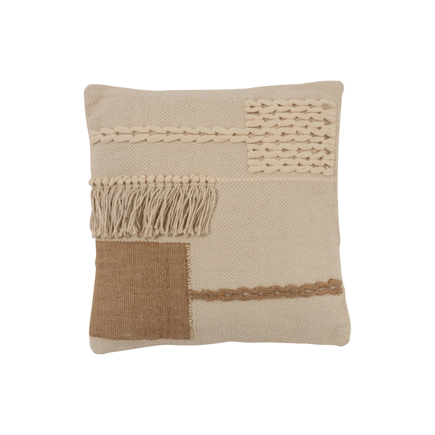 J-line - Kussen Franjes Vierkant Katoen Beige - 44x44x10cm