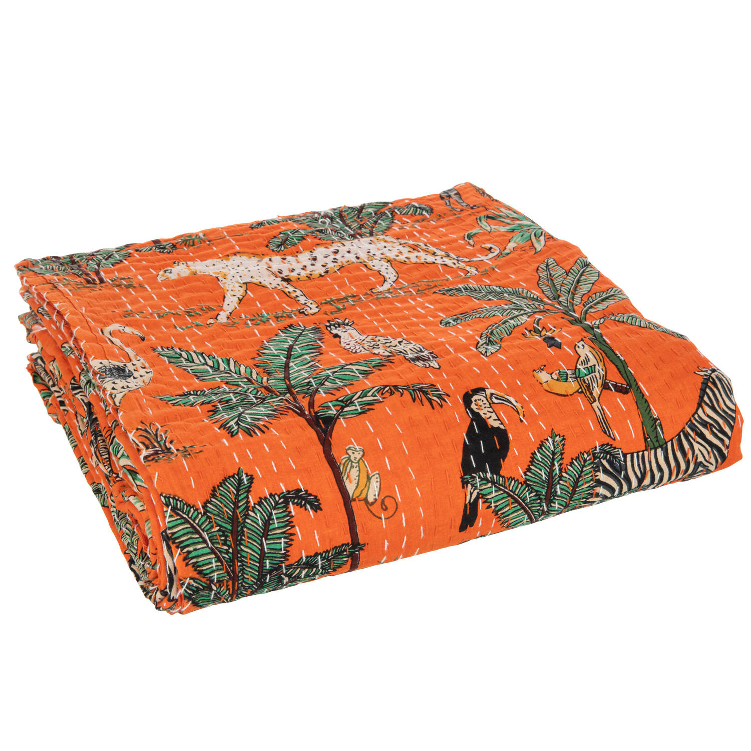 J-line - Plaid/strand Mat Exotisch Dieren/planten Hechtingen Katoen Oranje Large - 270x220x0.5cm