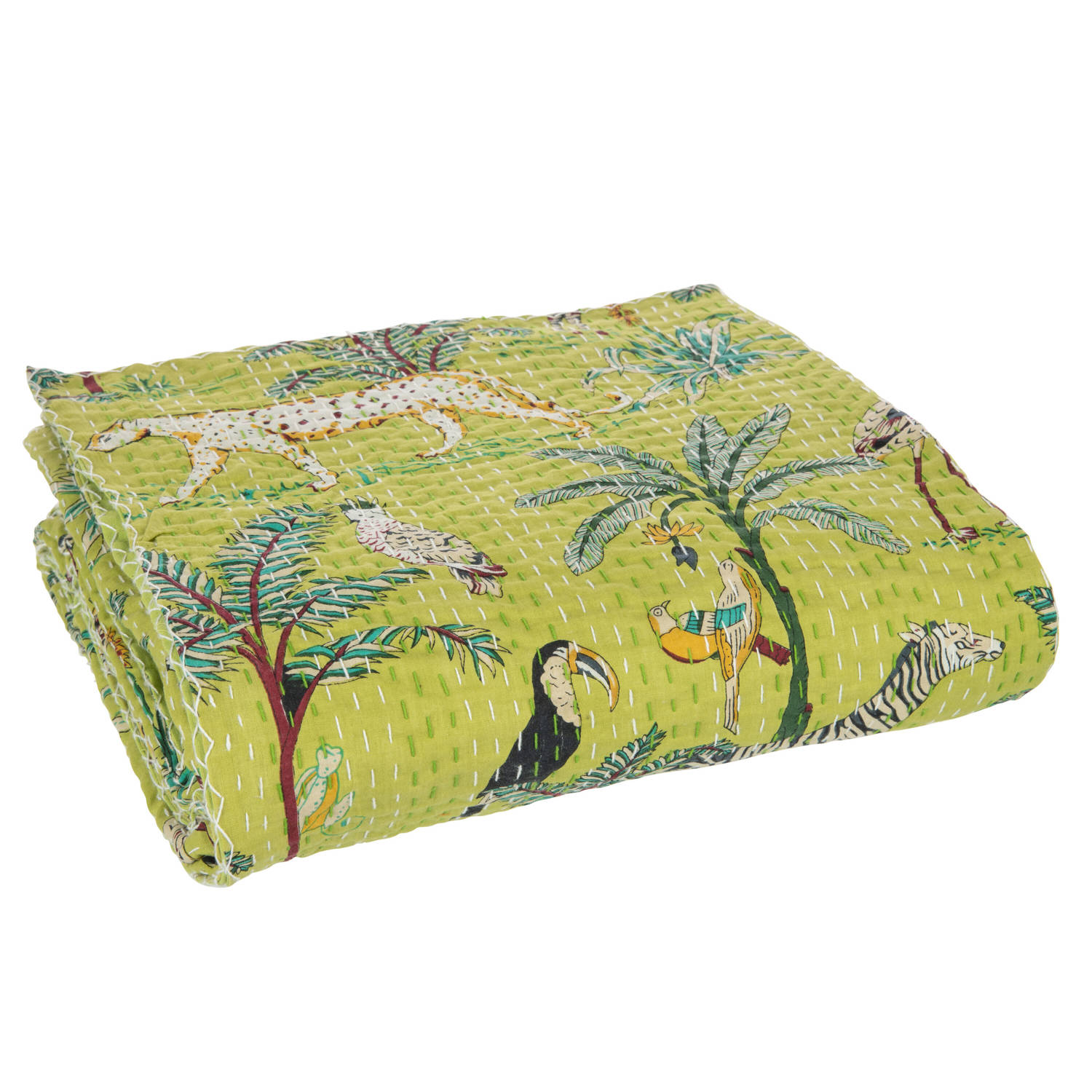 J-line - Plaid/strand Mat Exotisch Dieren/planten Hechtingen Katoen Groen Large - 270x220x0.5cm