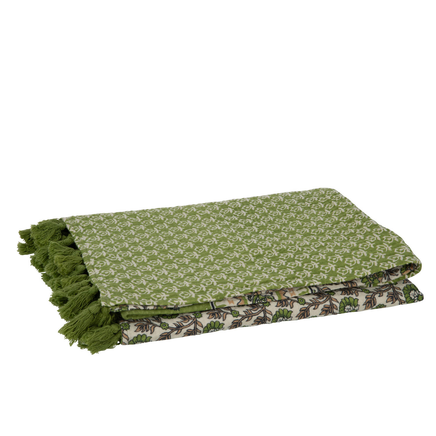 J-line - Plaid/strand Mat Bloemen Katoen Groen - 130x180x1cm