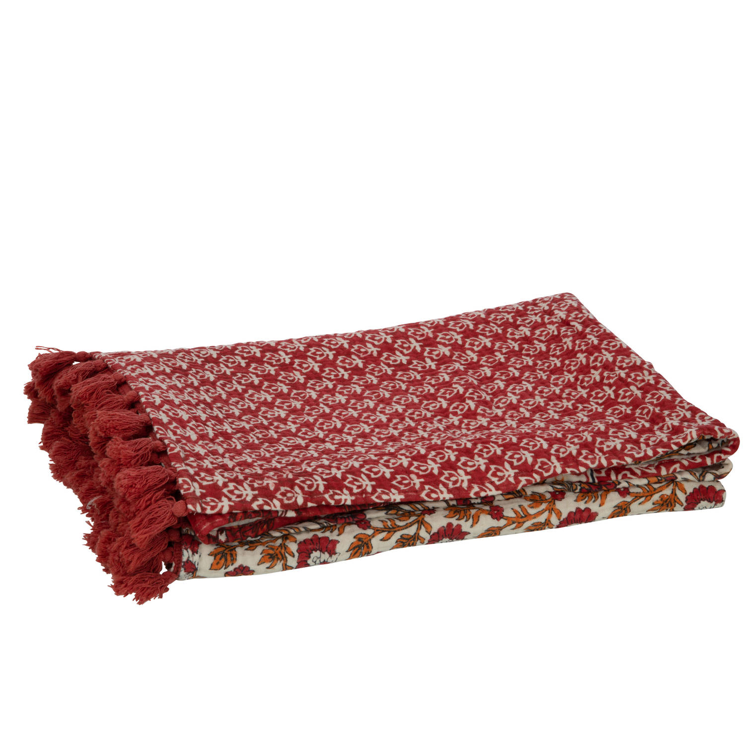 J-line - Plaid/strand Mat Bloemen Katoen Rood - 130x180x1cm