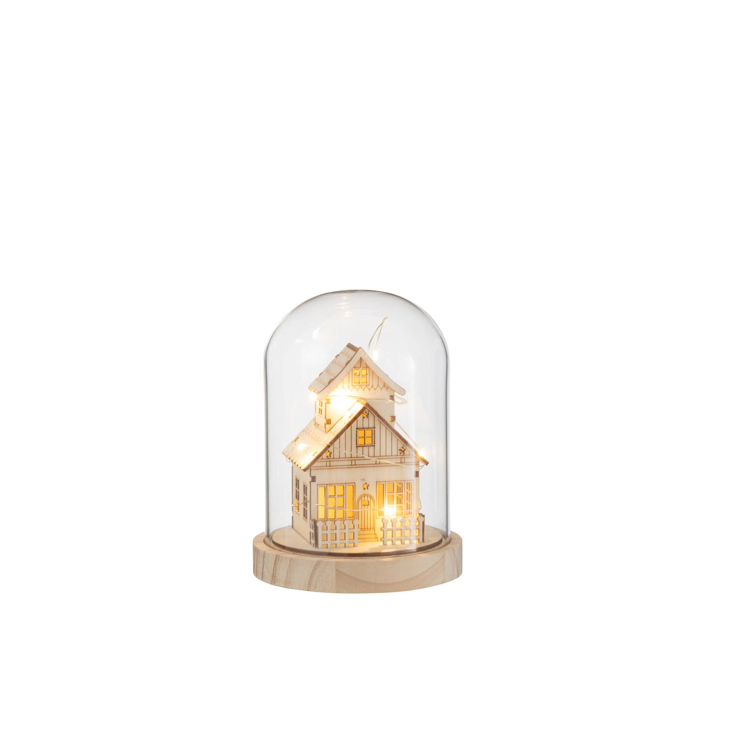 J-line - Stolp Winter Led Huis Hout/glas Naturel - 13x13x18cm