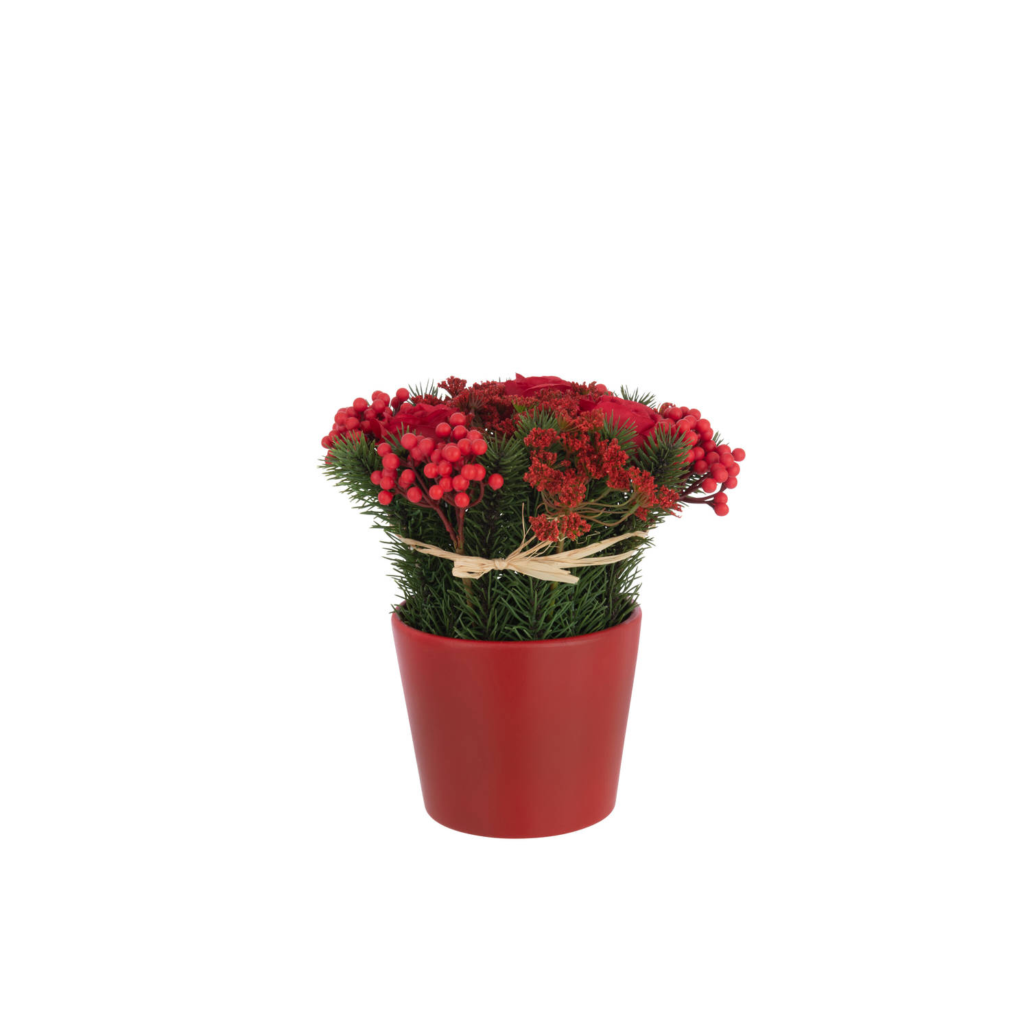 J-line - Rozen+bessen In Pot Cement Plastiek Rood/groen - 20x20x25cm