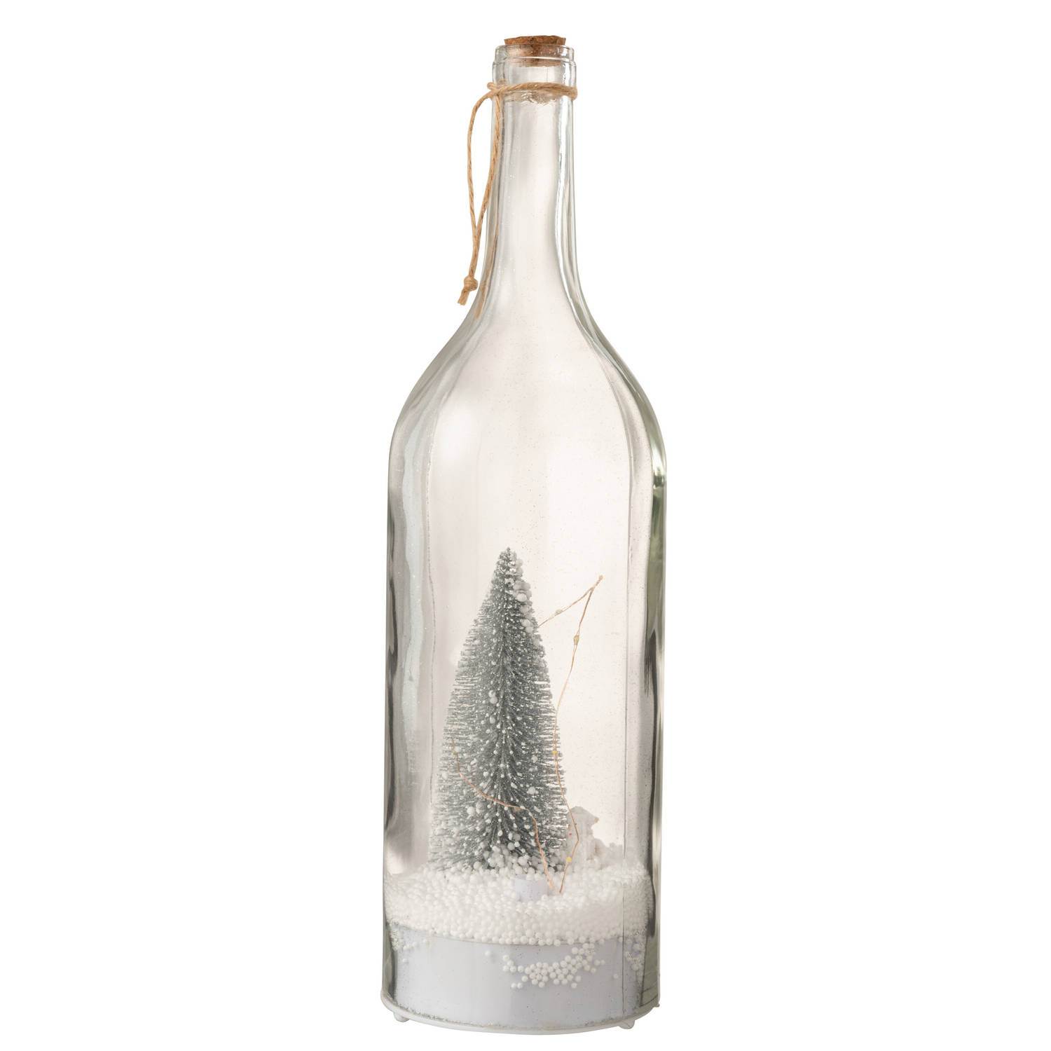 J-line - Fles Deco Kerst Sneeuw Led Glitter Zilver - 12.5x12.5x44.5cm