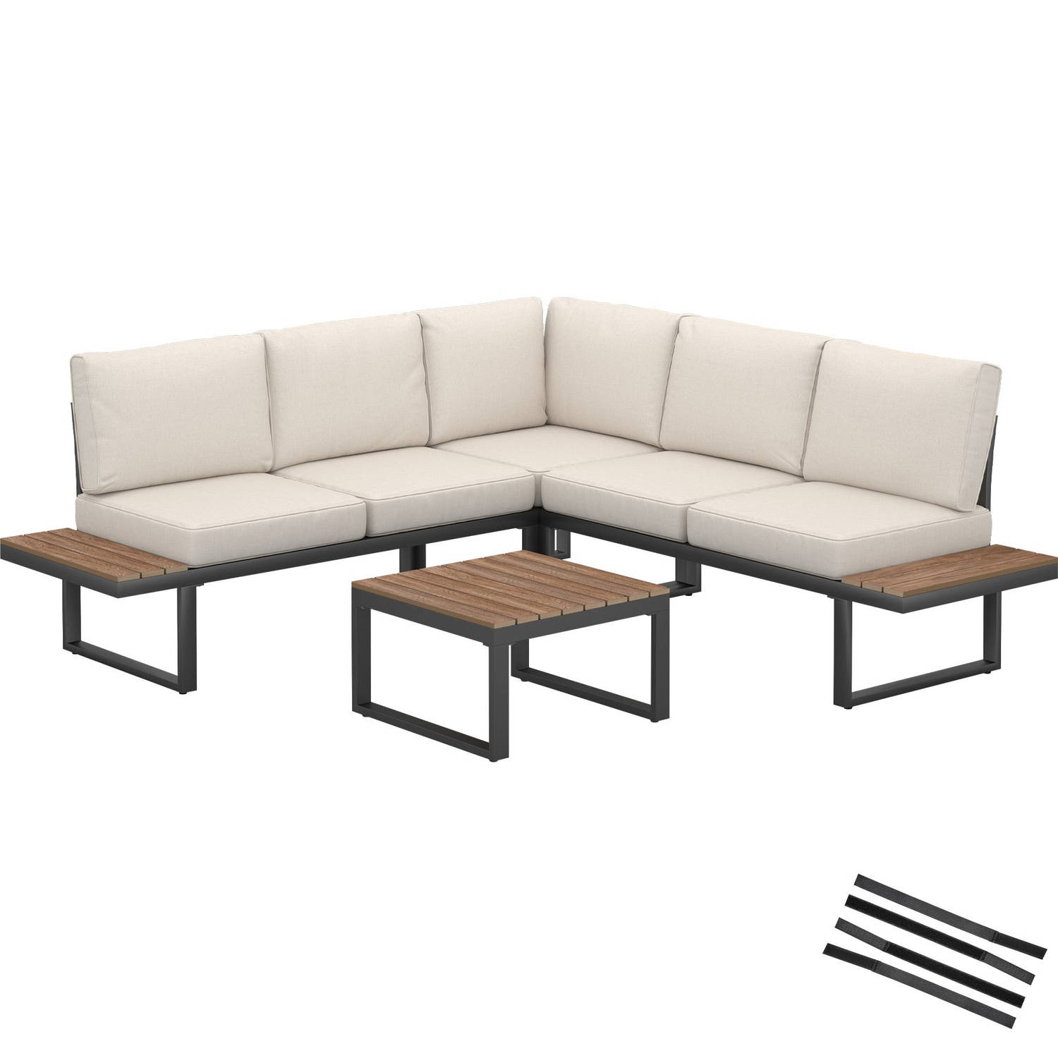 tectake® Tuin-loungeset Eliar, 4-delig, met aluminium frame 5 personen incl tafel hout kussens weers