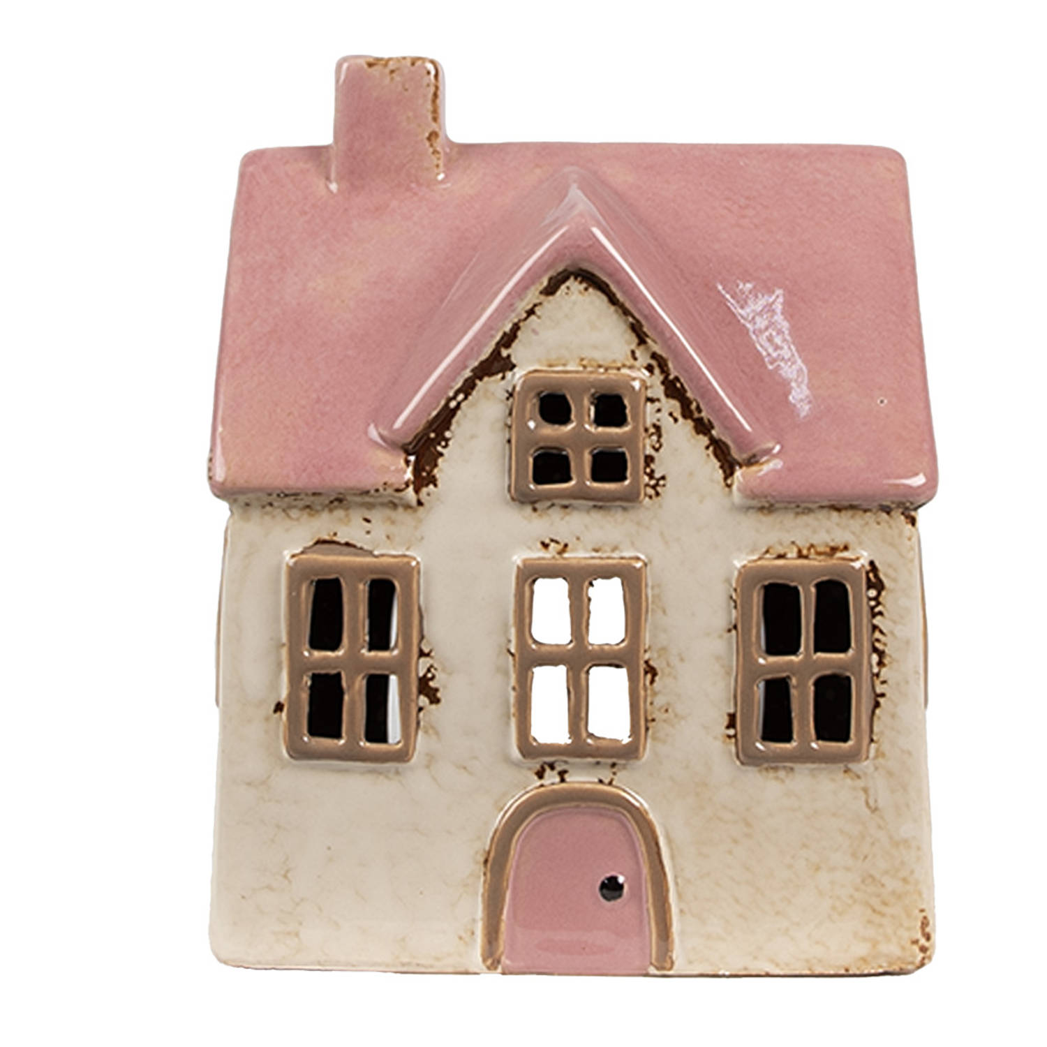 Clayre & Eef Waxinelichthouder Huis 13x10x16 cm Beige Roze Keramiek Theelichthouder