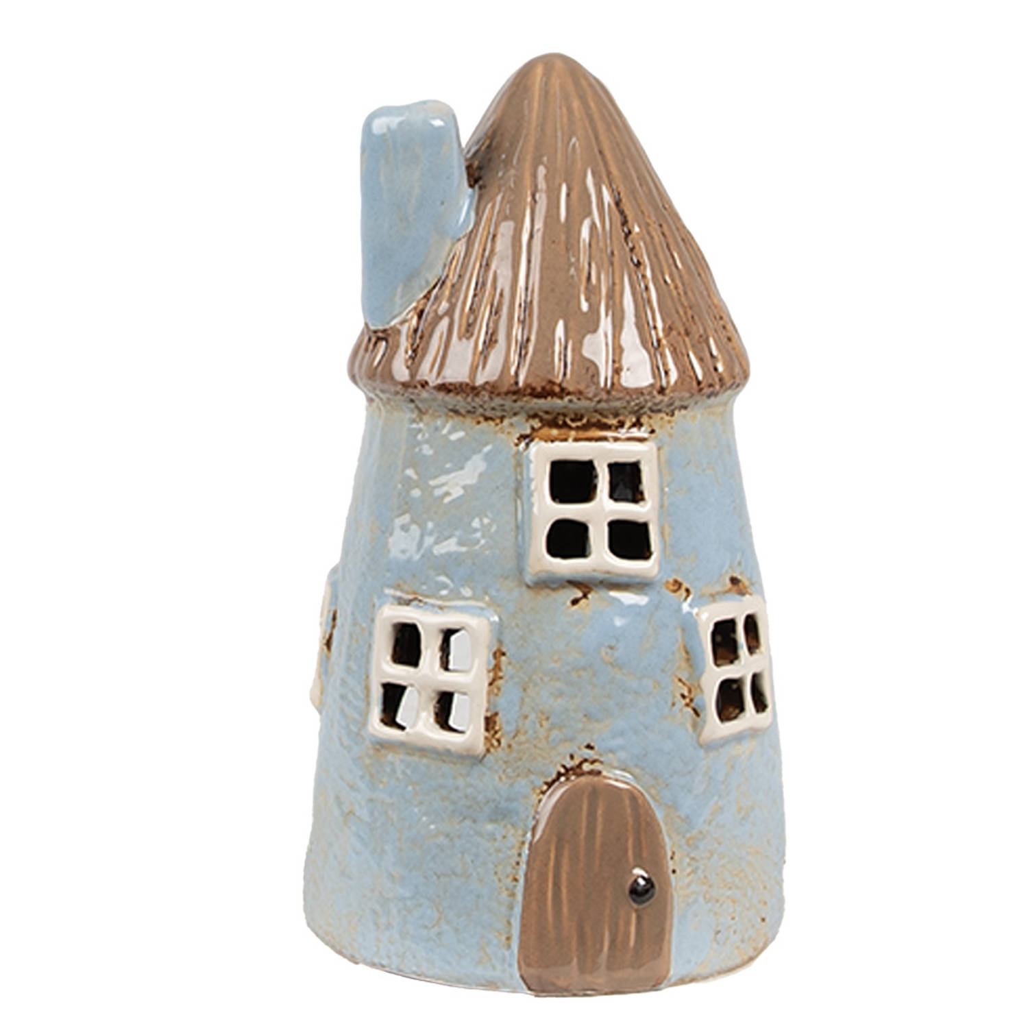 Clayre & Eef Waxinelichthouder Huis Ø 9x16 cm Blauw Bruin Keramiek Theelichthouder