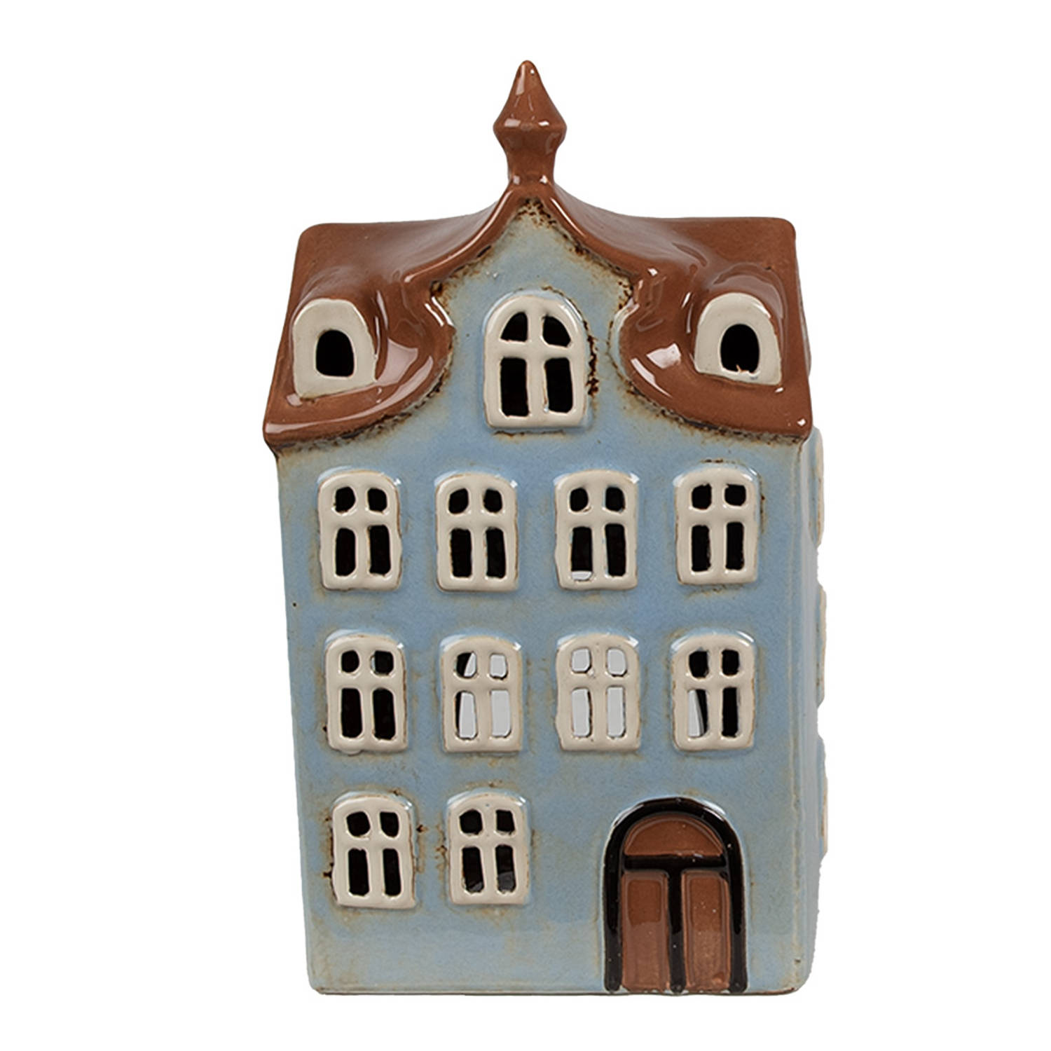 Clayre & Eef Waxinelichthouder Huis 13x9x22 cm Blauw Bruin Keramiek Theelichthouder