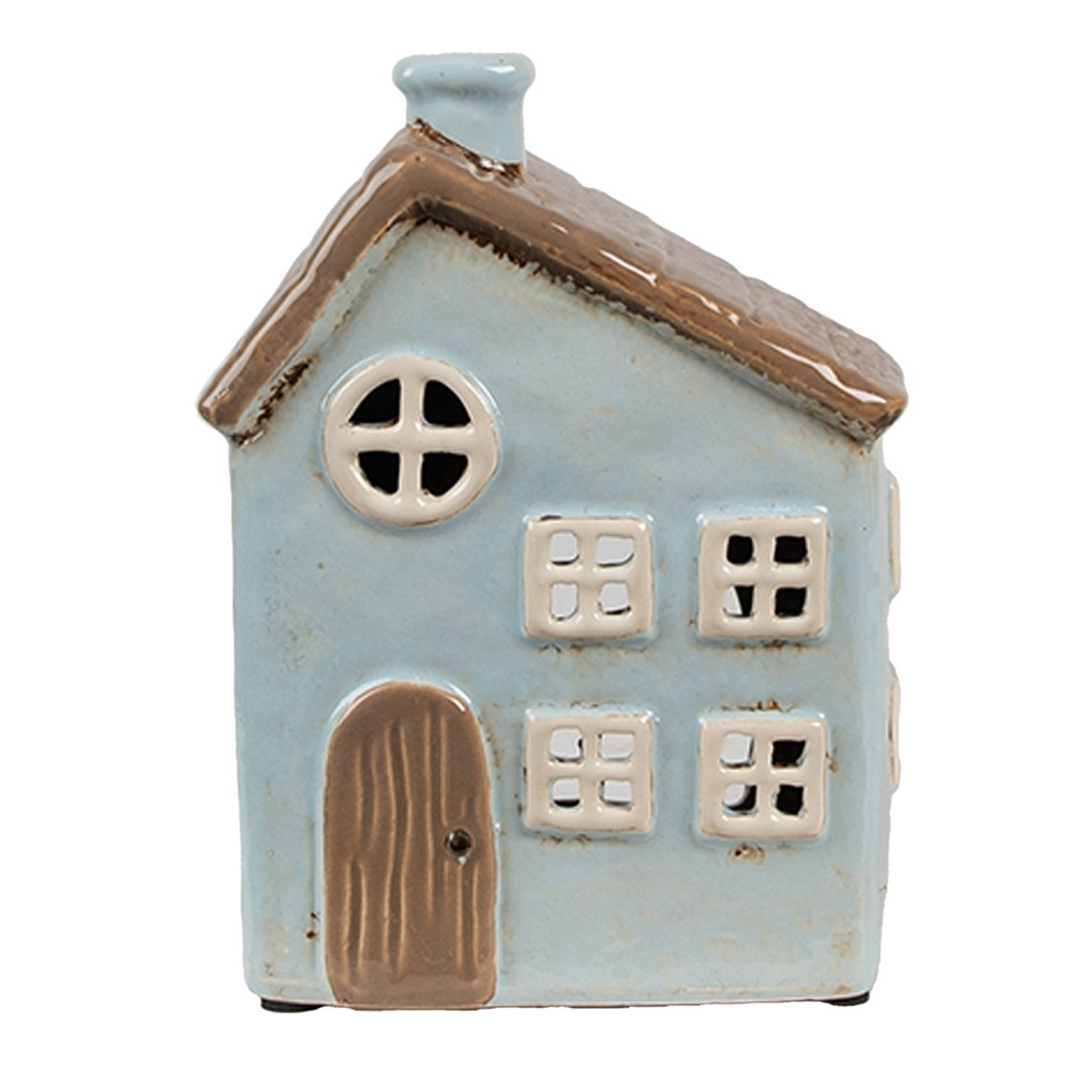 Clayre & Eef Waxinelichthouder Huis 12x9x15 cm Blauw Bruin Keramiek Theelichthouder