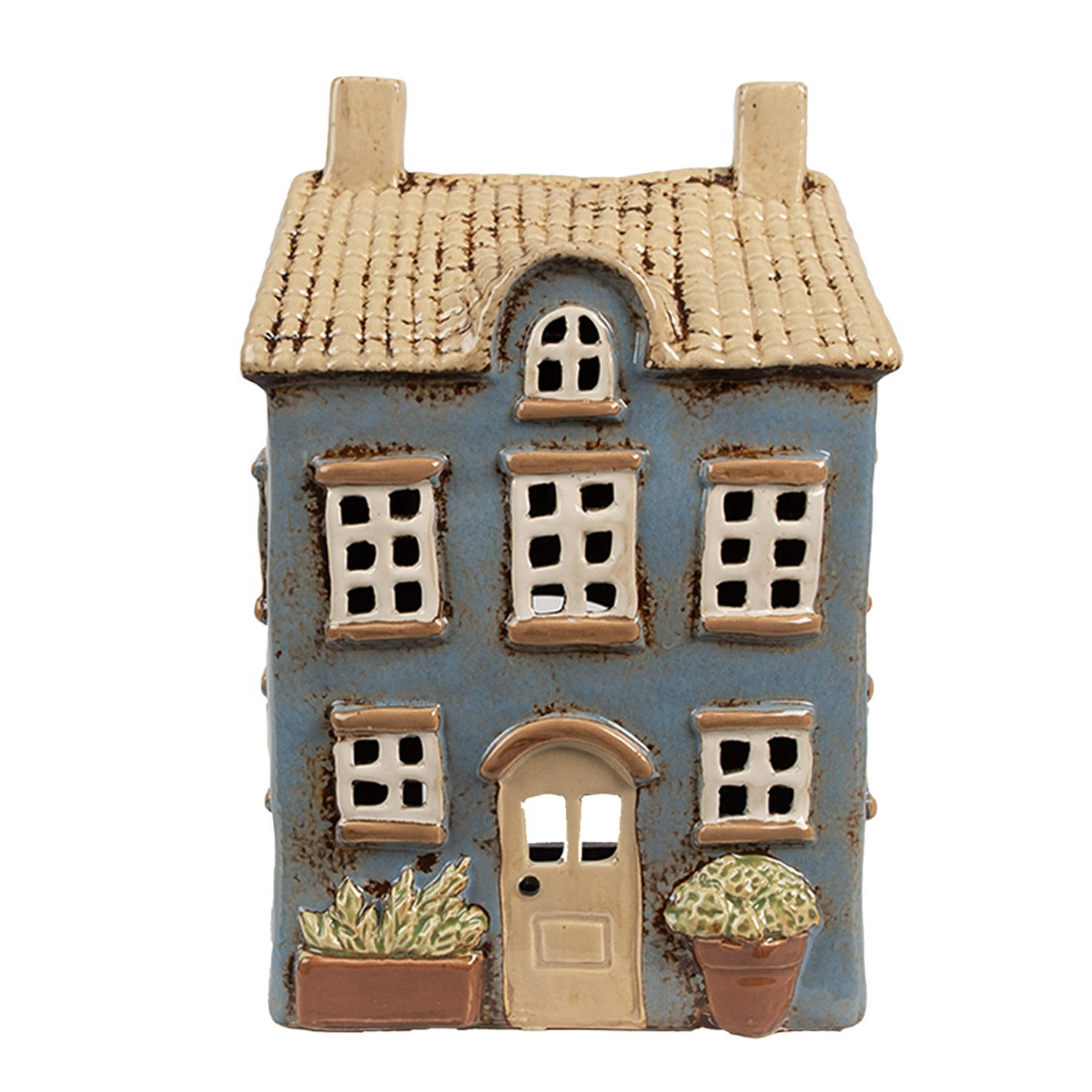 Clayre & Eef Waxinelichthouder Huis 16x10x23 cm Blauw Beige Keramiek Theelichthouder