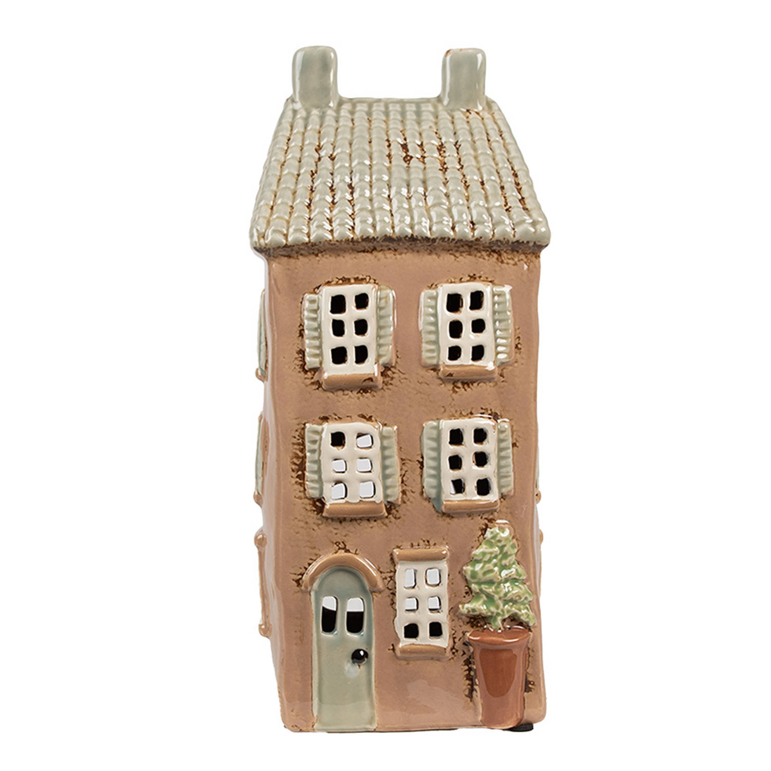 Clayre & Eef Waxinelichthouder Huis 12x9x28 cm Bruin Beige Keramiek Theelichthouder