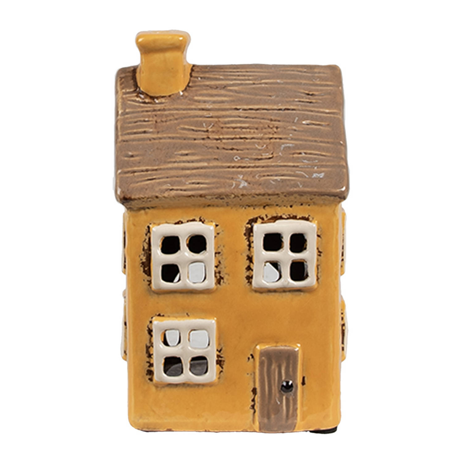 Clayre & Eef Waxinelichthouder Huis 9x9x15 cm Geel Bruin Keramiek Theelichthouder