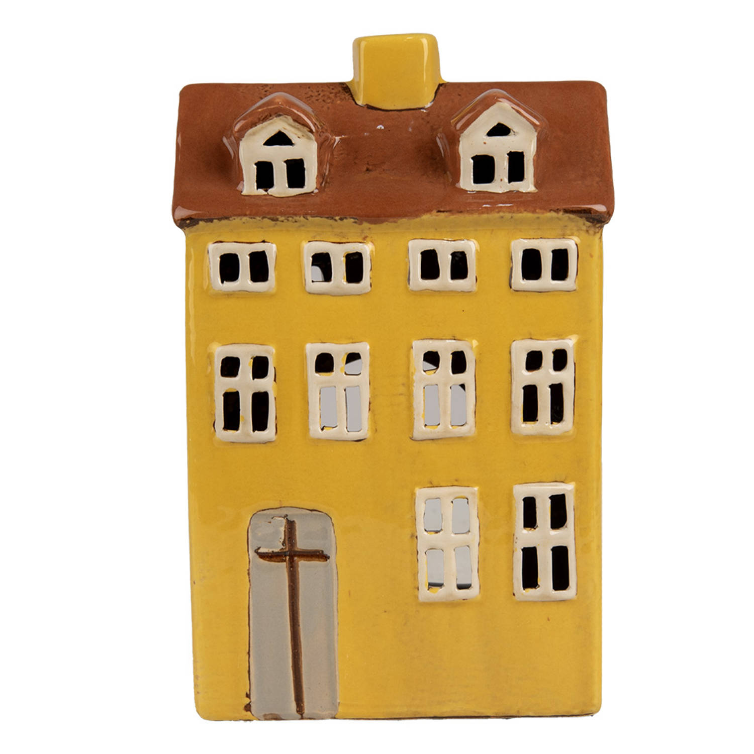 Clayre & Eef Waxinelichthouder Huis 12x8x18 cm Geel Bruin Keramiek Theelichthouder