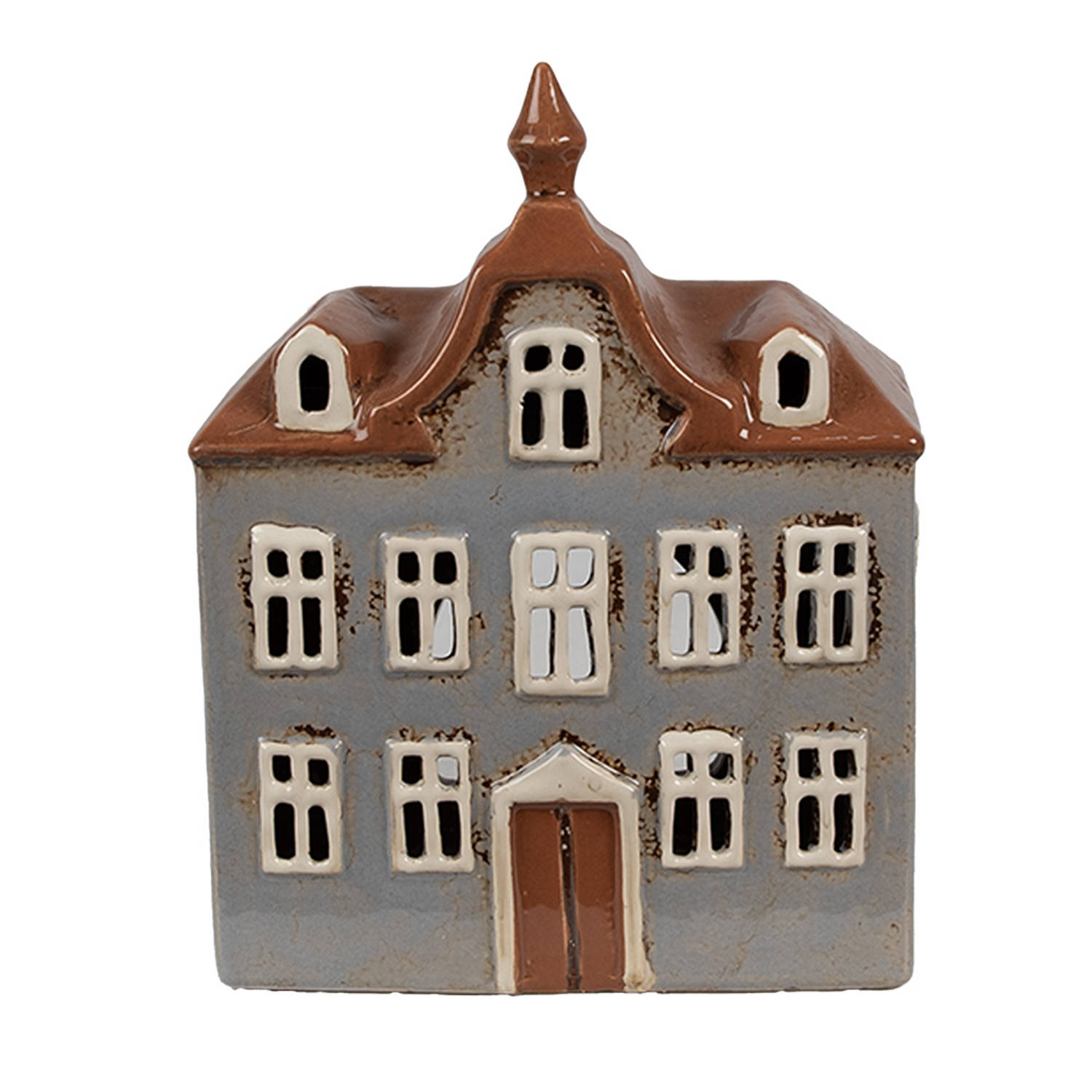 Clayre & Eef Waxinelichthouder Huis 16x9x20 cm Grijs Bruin Keramiek Theelichthouder