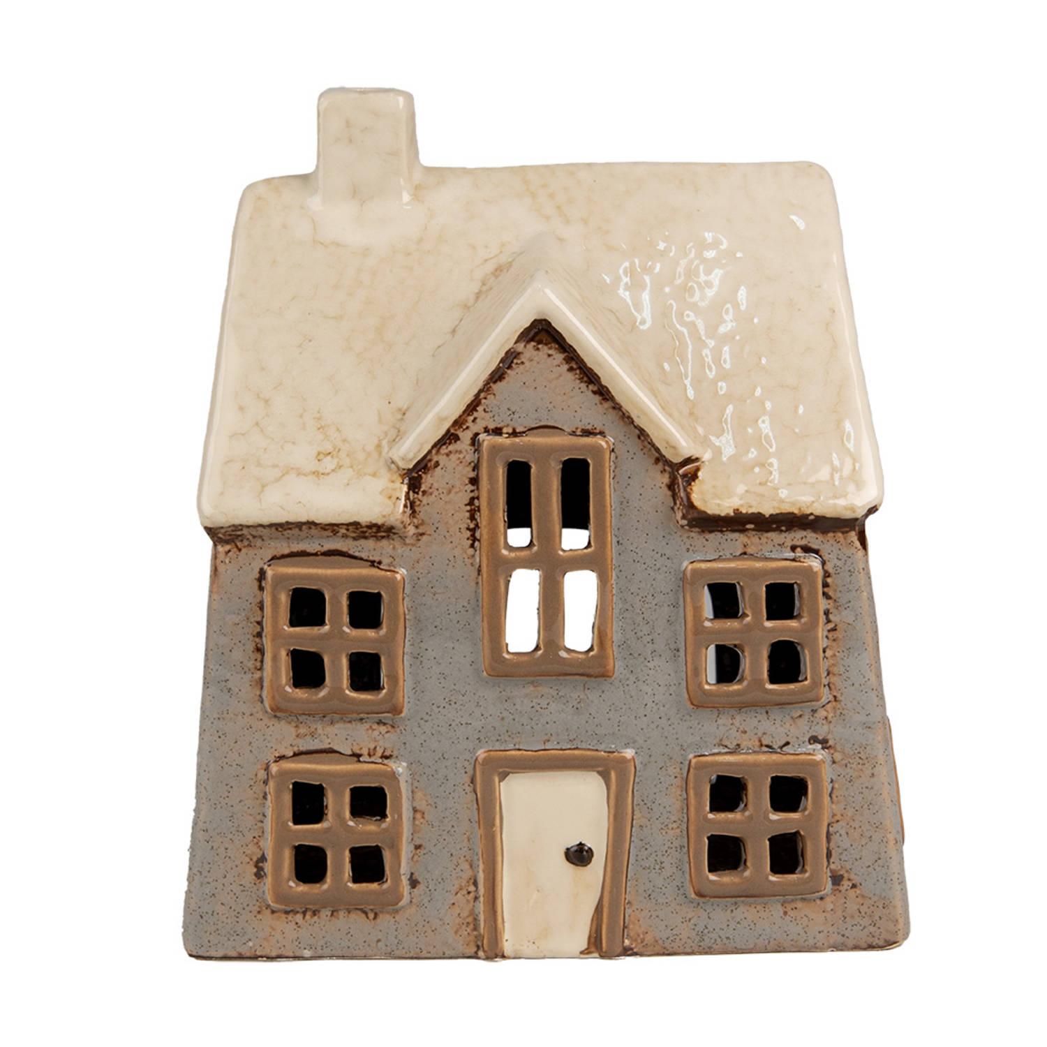 Clayre & Eef Waxinelichthouder Huis 15x10x17 cm Grijs Beige Keramiek Theelichthouder