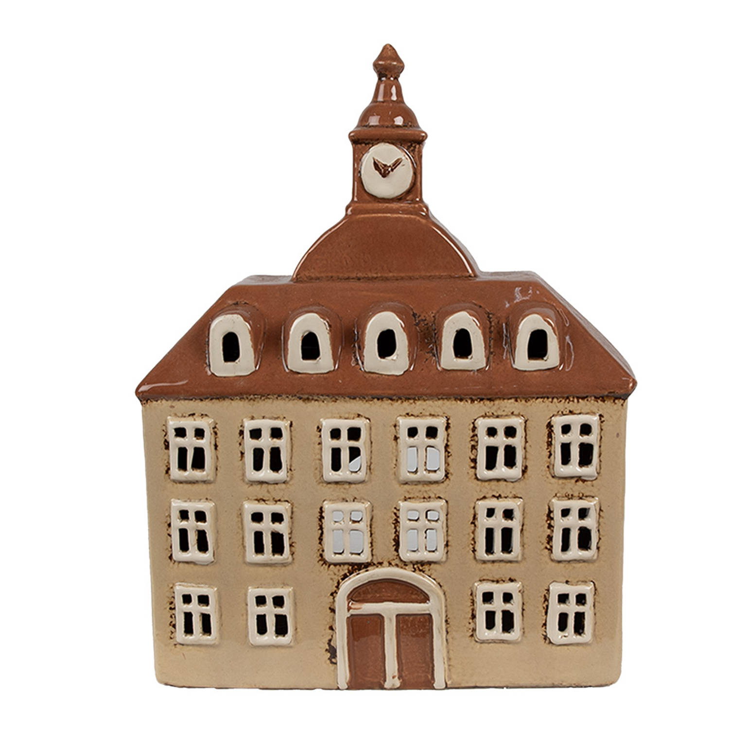 Clayre & Eef Waxinelichthouder Huis 20x10x26 cm Beige Bruin Keramiek Theelichthouder