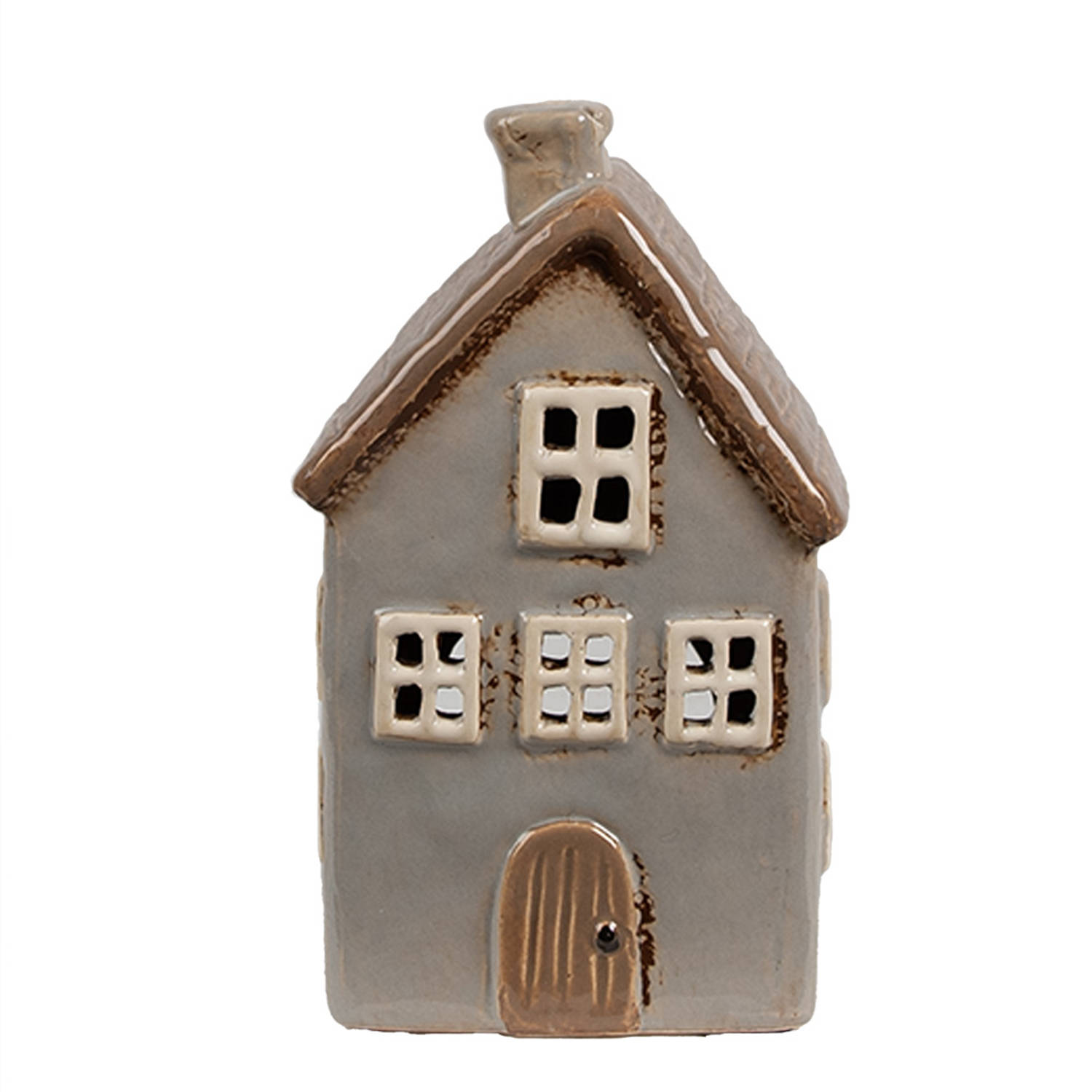 Clayre & Eef Waxinelichthouder Huis 9x9x16 cm Grijs Bruin Keramiek Theelichthouder