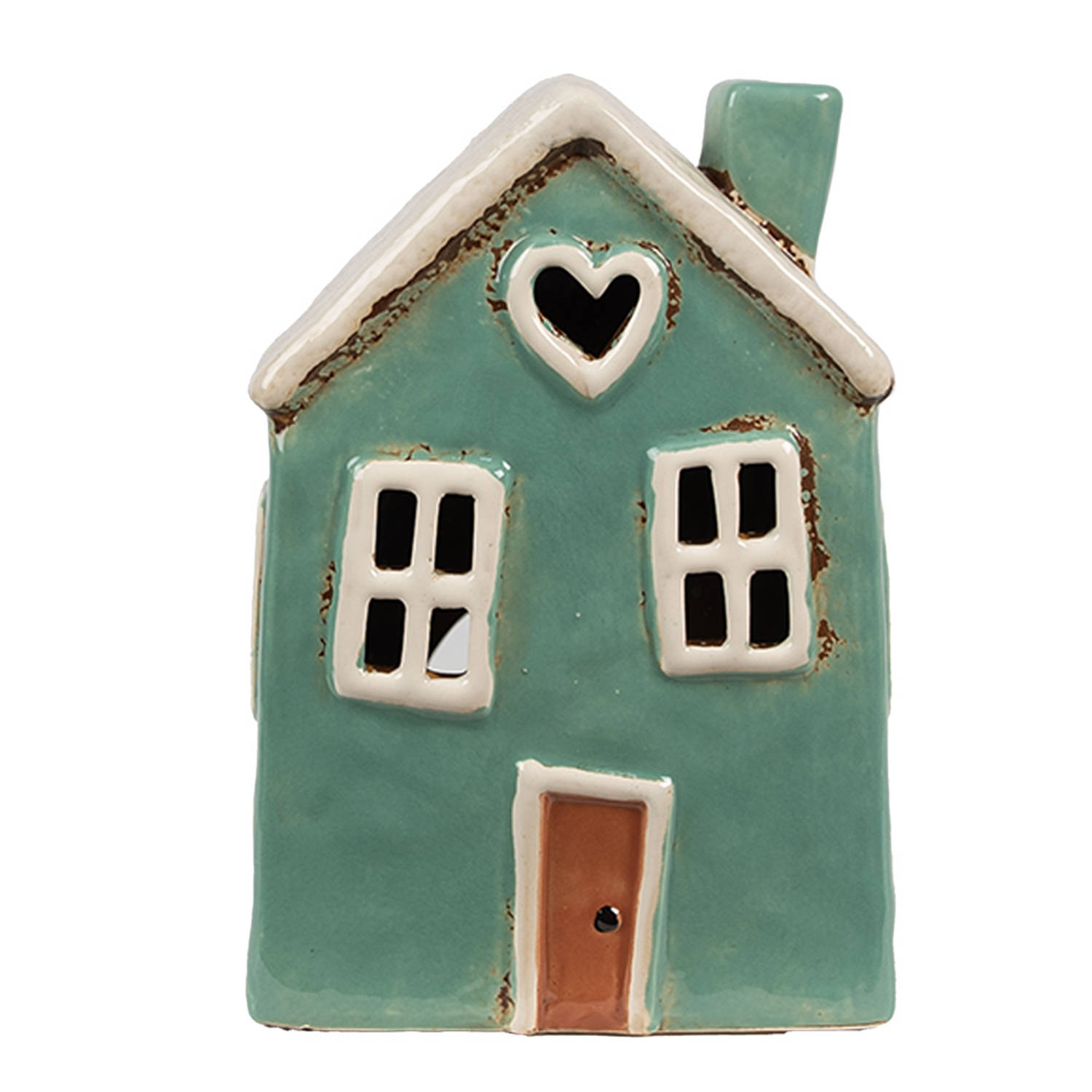 Clayre & Eef Waxinelichthouder Huis 13x9x18 cm Groen Beige Keramiek Theelichthouder