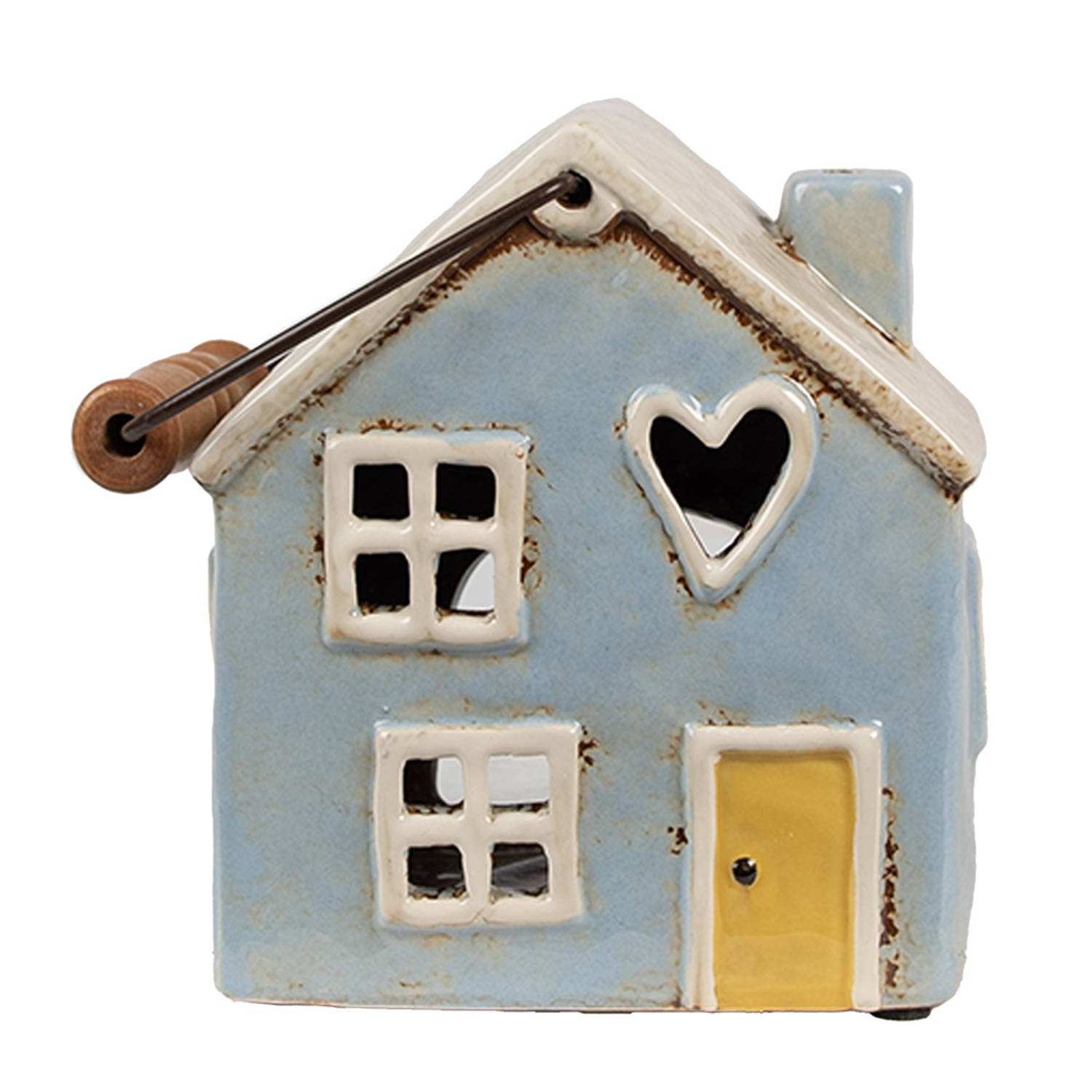 Clayre & Eef Waxinelichthouder Huis 16x11x15 cm Blauw Beige Keramiek Theelichthouder