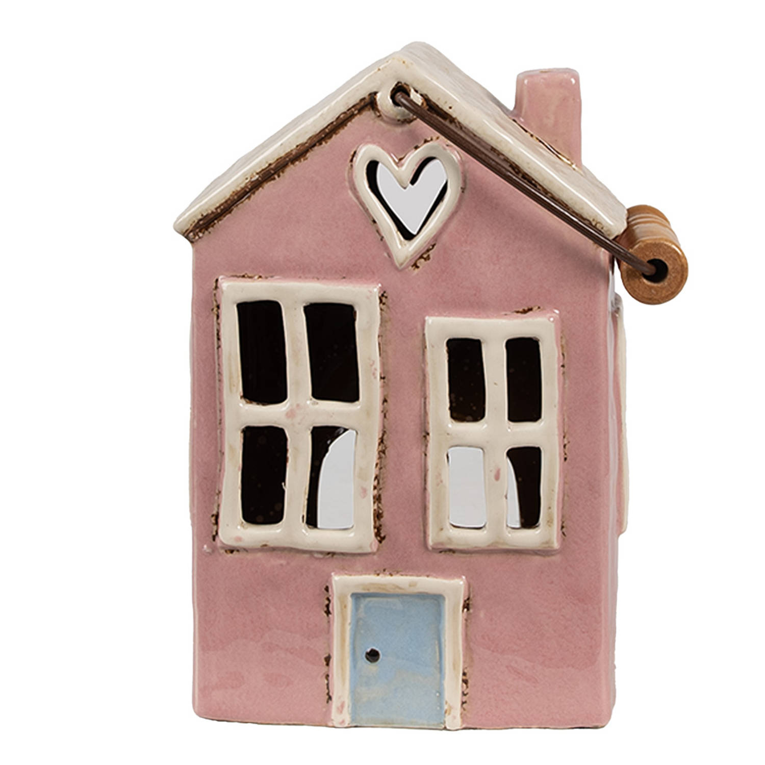 Clayre & Eef Waxinelichthouder Huis 16x11x21 cm Roze Beige Keramiek Theelichthouder