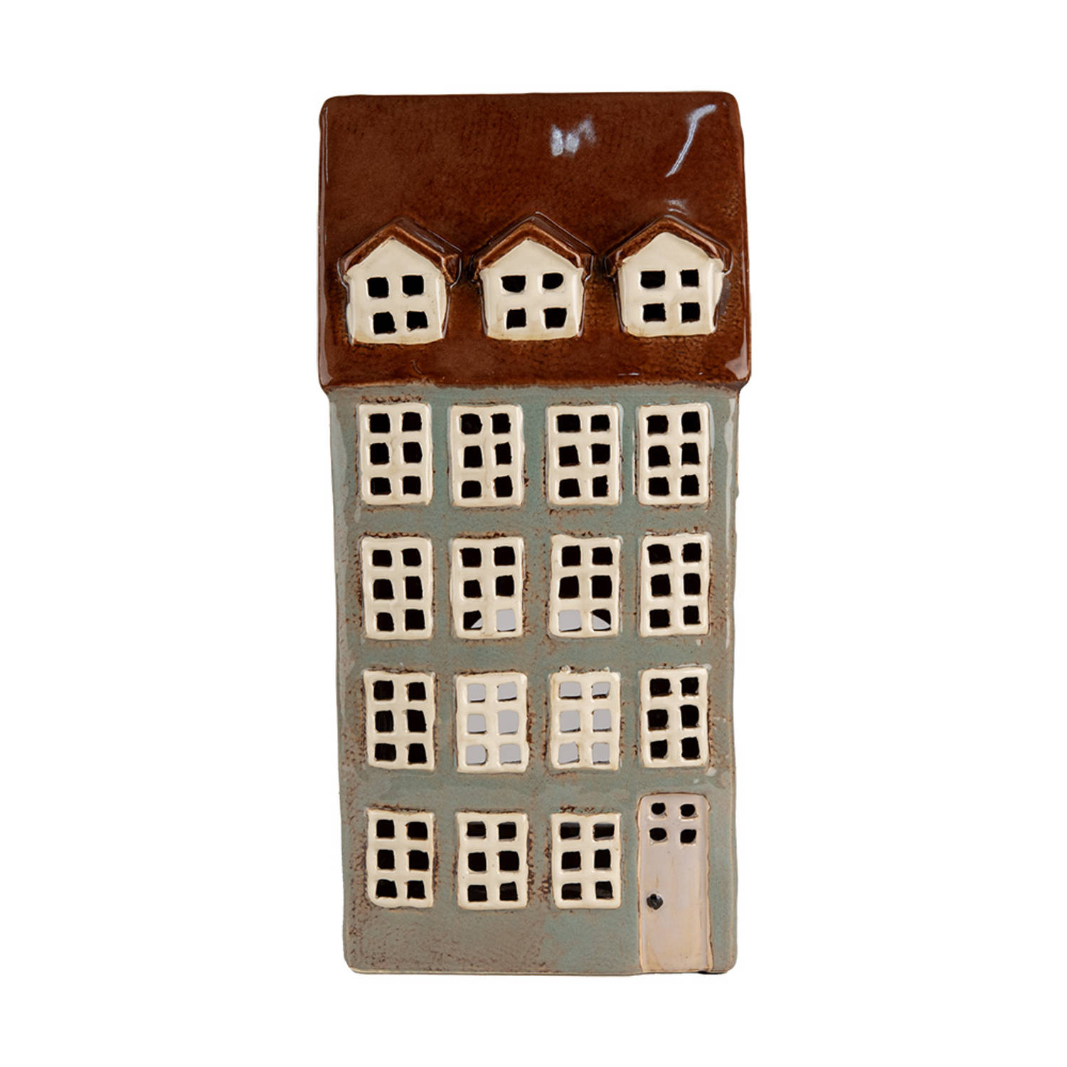 Clayre & Eef Waxinelichthouder Huis 15x11x30 cm Grijs Bruin Keramiek Theelichthouder