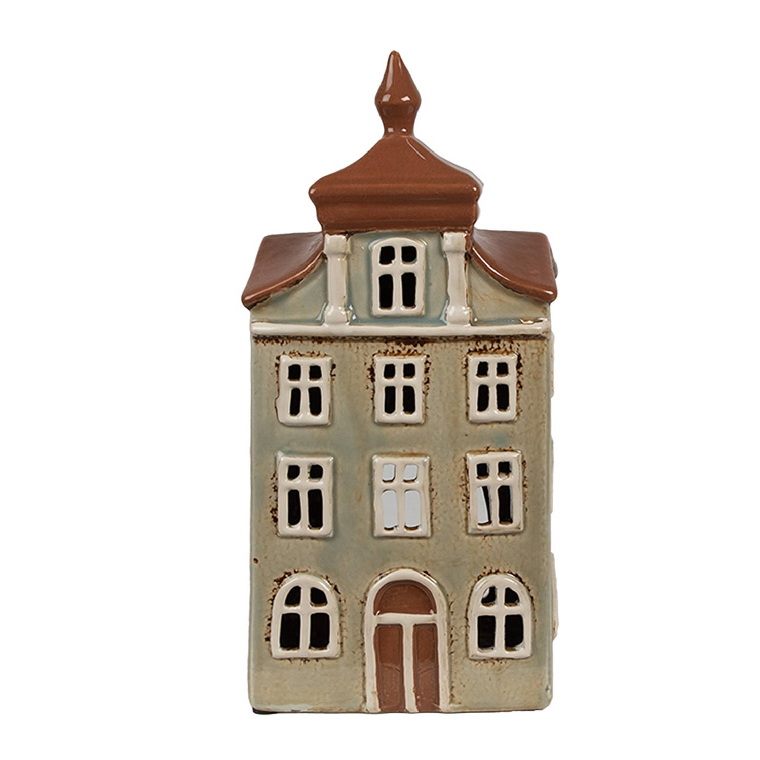 Clayre & Eef Waxinelichthouder Huis 12x9x25 cm Groen Bruin Keramiek Theelichthouder