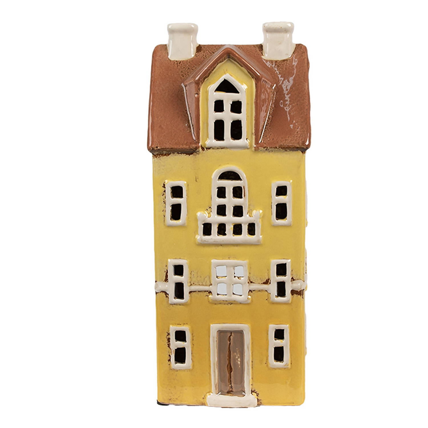 Clayre & Eef Waxinelichthouder Huis 11x9x25 cm Geel Bruin Keramiek Theelichthouder