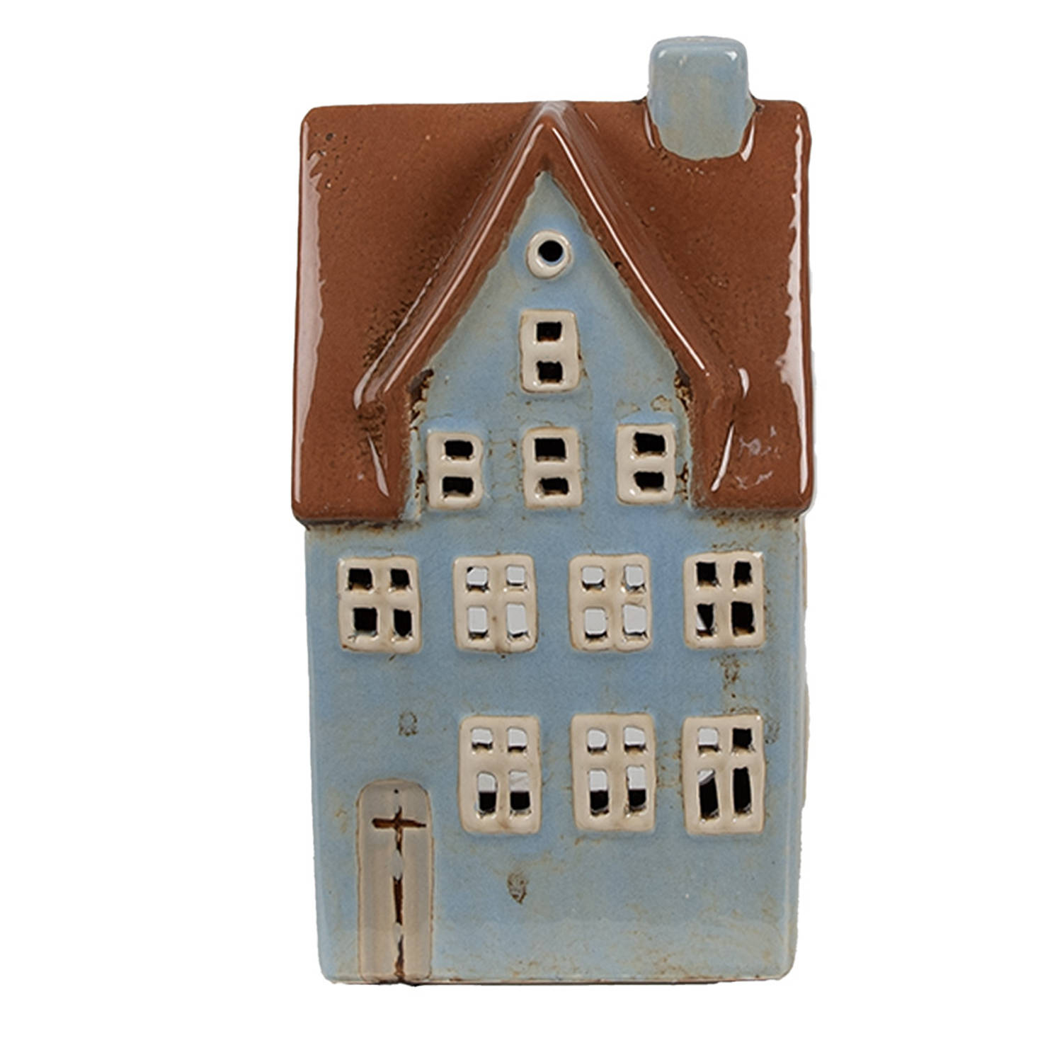 Clayre & Eef Waxinelichthouder Huis 11x8x20 cm Blauw Bruin Keramiek Theelichthouder