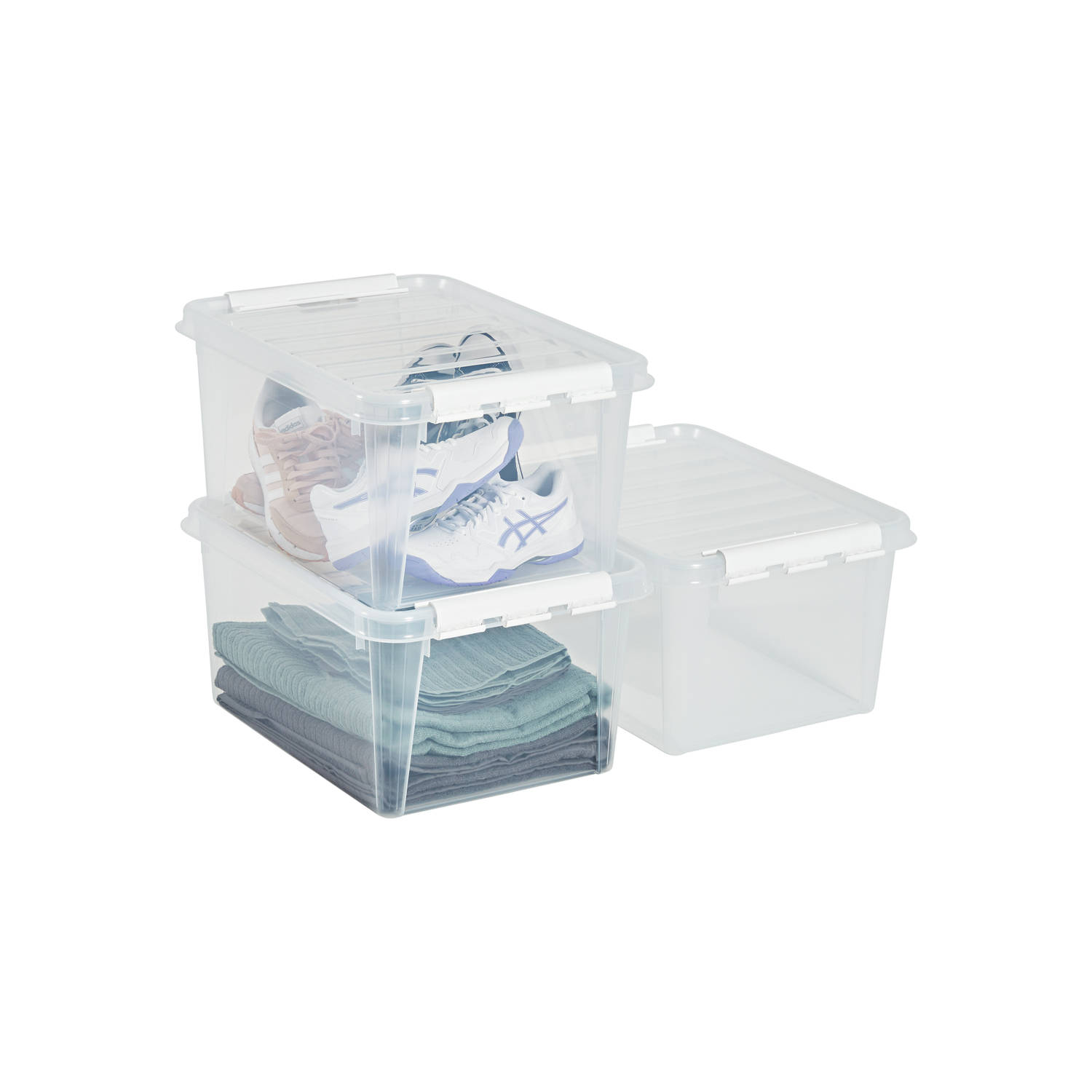 Orthex - SmartStore™ 32L Transparante Super Sterke Plastic opbergdoos / opbergbox met Deksel - Set van 3 - Transparant - Stapelbaar en Nestbaar - Voedselveilig en BPA-vrij - Clip V