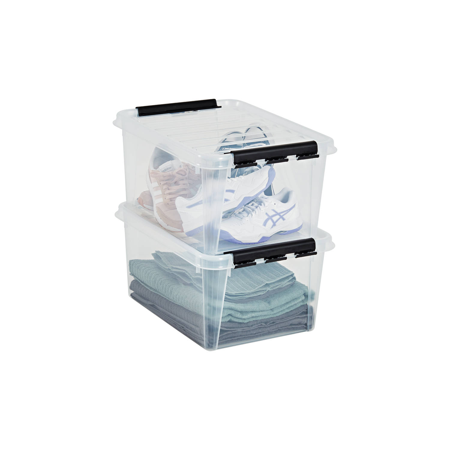 SmartStore™ Classic 31 - Sterke Transparante plastic opbergdoos / opbergbox 32L met deksel - Set van 2 - Transparant - Stapelbaar en nestbaar - Clip-sluiting zwart - L50 x B39 x H2