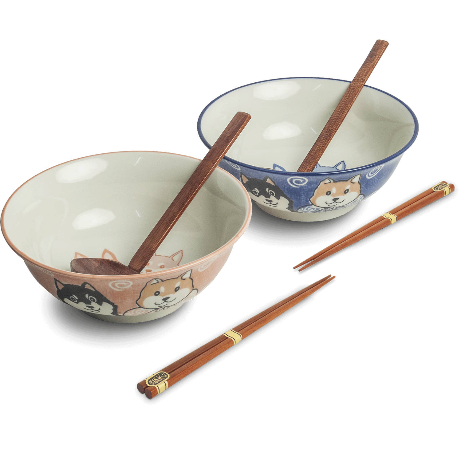 Luxe - Ramenbowlset - Shiba - 2 Persoons - Ramen bowl set - 6 Delig - Ø22 cm H9 cm - Ramen - Ramen bowl - Noodles - Noodles ramen - Noodle kom - Sushi stokjes - Houten Lepel - Chop