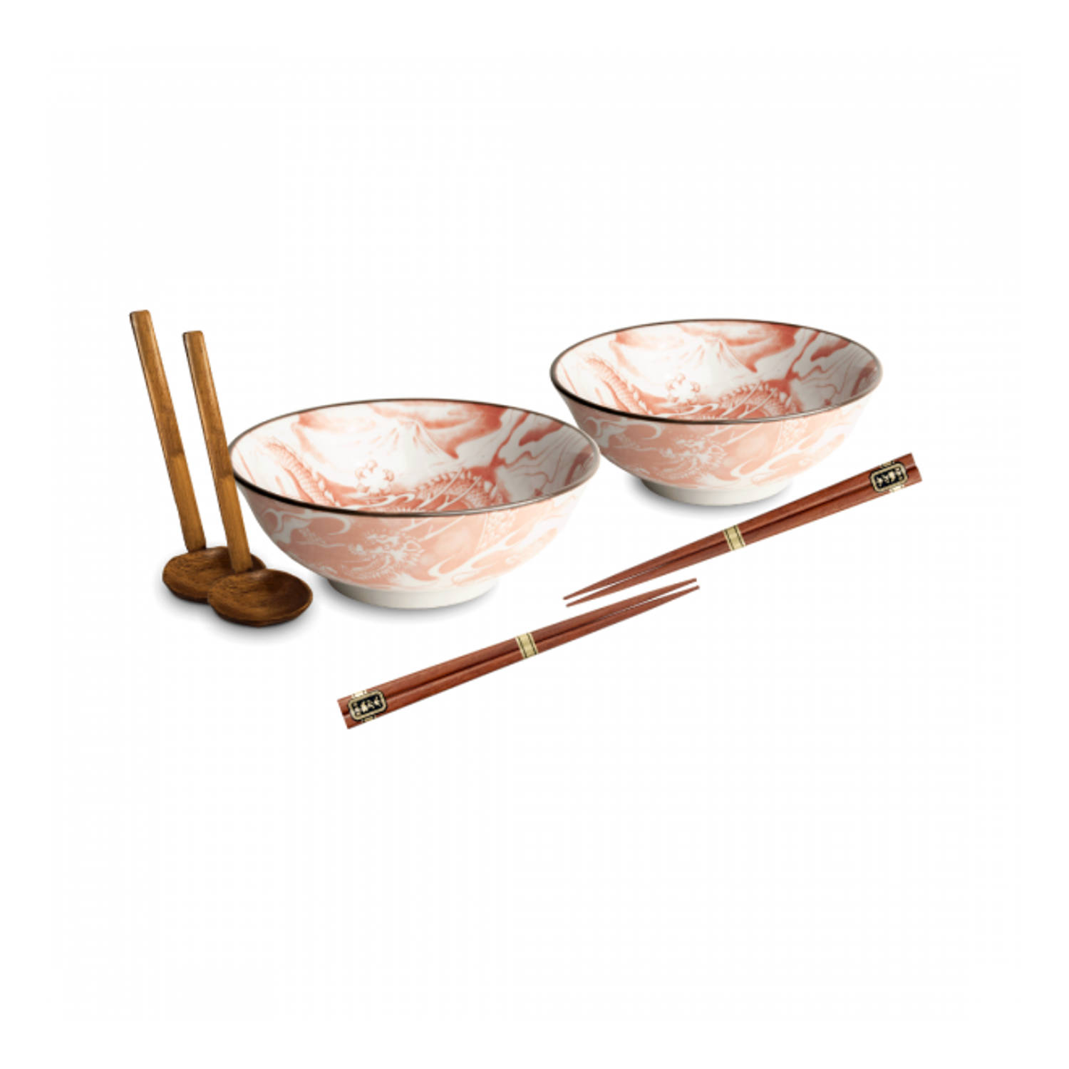 Luxe - Ramenbowlset - Draak Rood - 2 Persoons - Ramen bowl set - 6 Delig - Ø22 cm H9 cm - Ramen - Ramen bowl - Noodles - Noodles ramen - Noodle kom - Sushi stokjes - Houten Lepel -