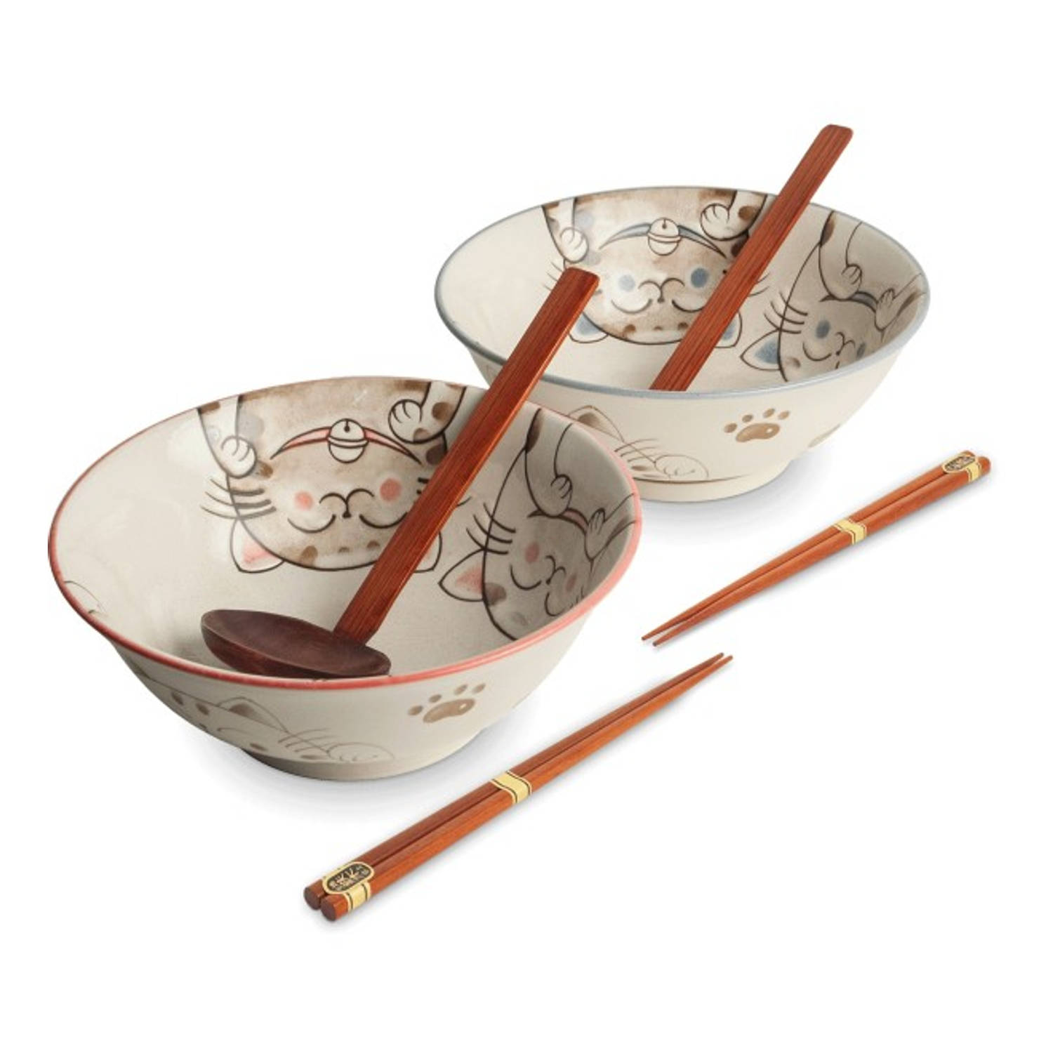 Luxe - Ramenbowlset - Katten - 2 Persoons - Ramen bowl set - 6 Delig - Ø22 cm H9 cm - Ramen - Ramen bowl - Gelukskat - Lucky cat - Noodles - Noodles ramen - Noodle kom - Sushi stok