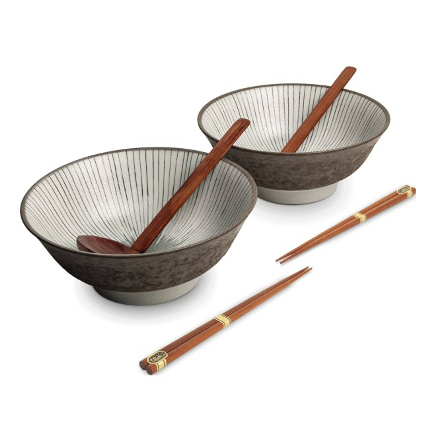 Luxe - Ramenbowlset - Shima - 2 Persoons - Ramen bowl set - 6 Delig - Ø22 cm H9 cm - Ramen - Ramen bowl - Noodles - Noodles ramen - Noodle kom - Sushi stokjes - Houten Lepel - Chop