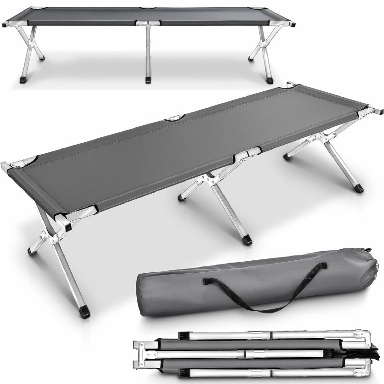 Kampeerbed grijs, campingbed, veldbed, stretcher, 190 x 64 x 44 cm metalen buis - draagvermogen tot 150kg grijs