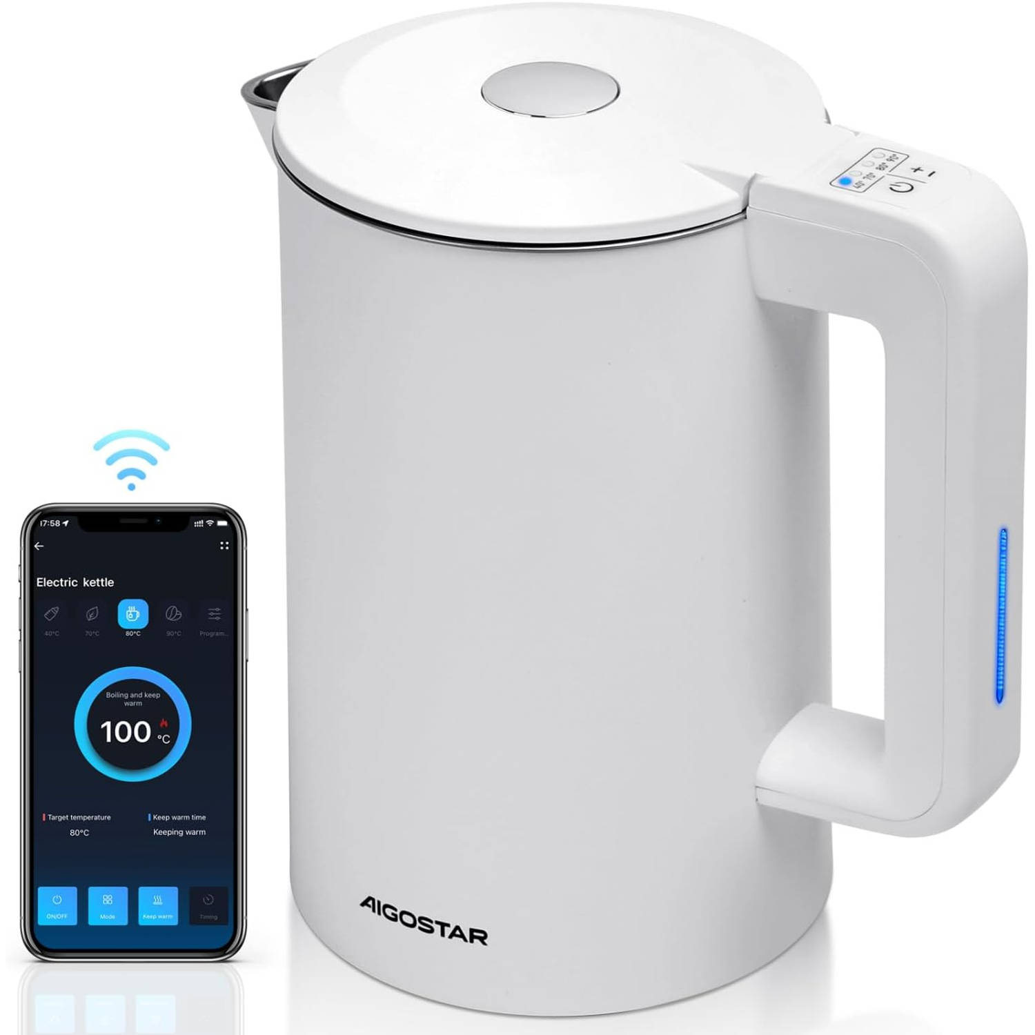 Aigostar 30NVZ - Smart Waterkoker - Double Walled Kettle - met Temperatuurregeling - Warmhoudfunctie - LED Verlichting - 1.7L - 2200W - Wit