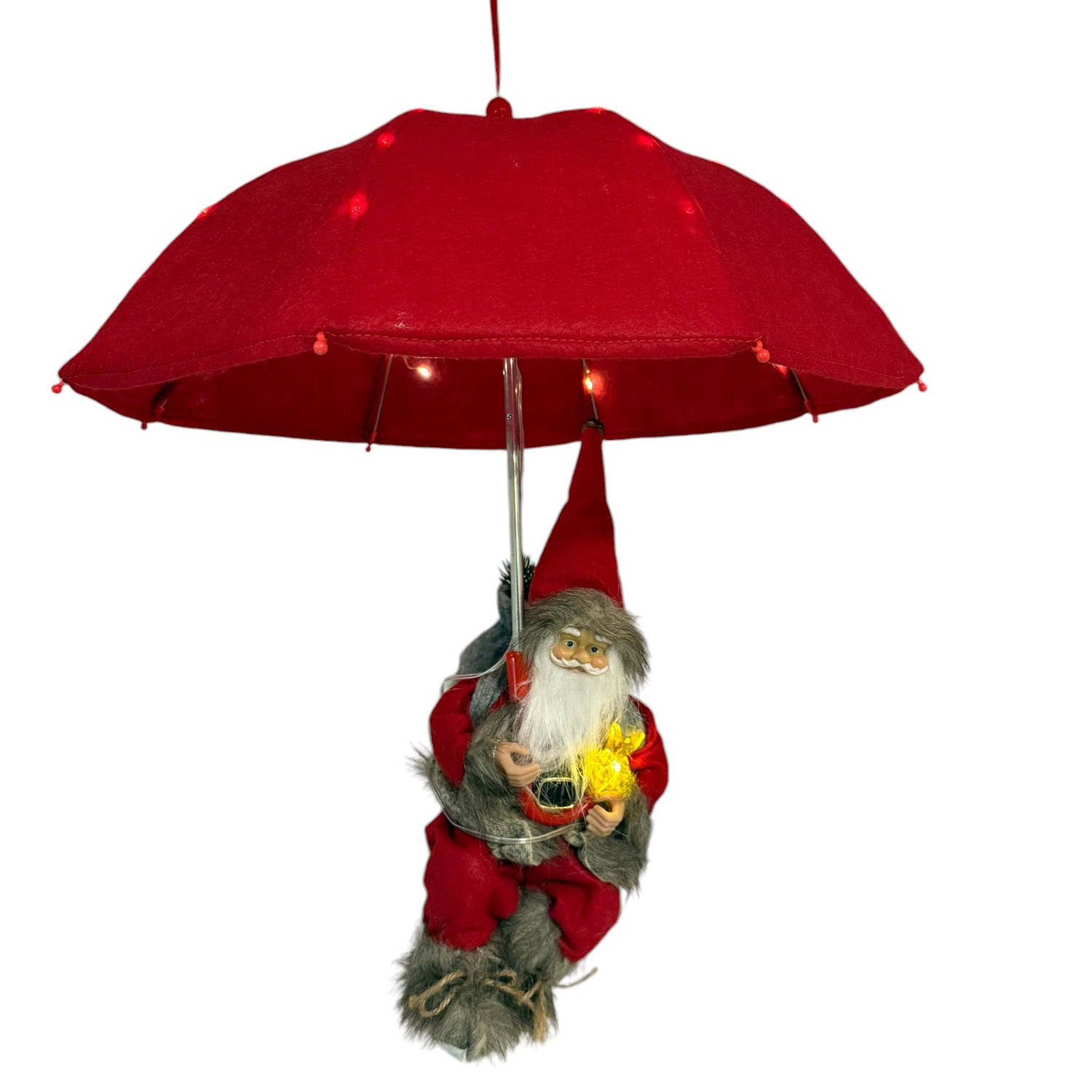 kersthanger Santabrella kerstman met Led verlichting - H60 x D50 cm - Rood / Grijs