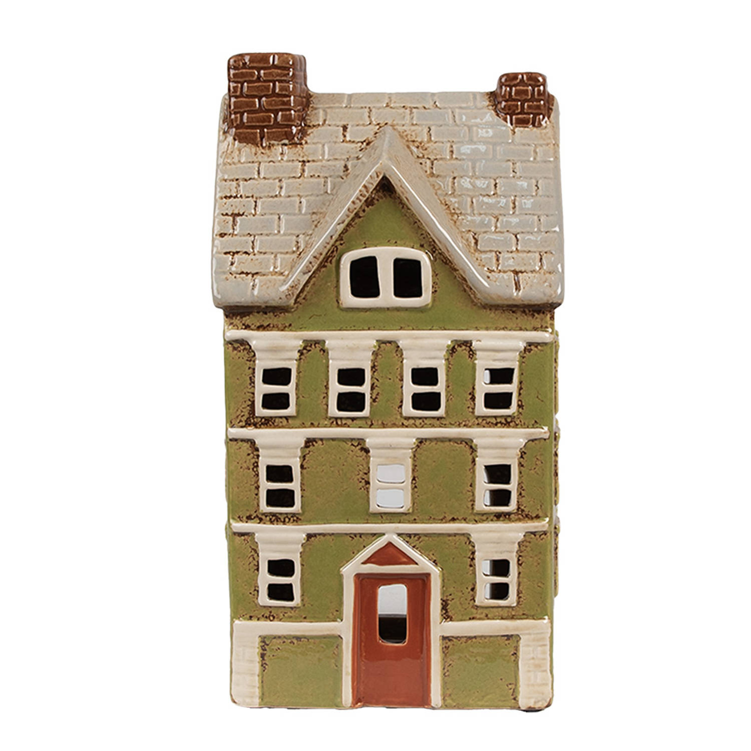 Clayre & Eef Waxinelichthouder Huis 14x10x26 cm Groen Beige Keramiek Theelichthouder